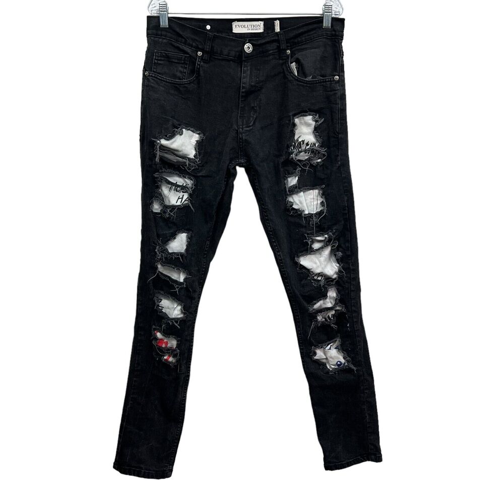 Evolution In Design Mens Jeans Stretch Distressed Raw Graffiti Black Size 34*